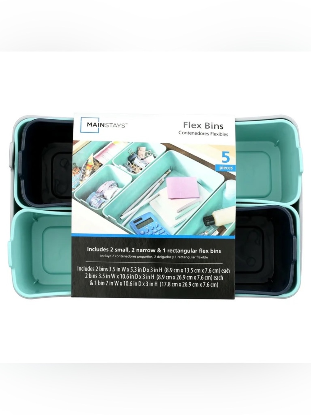 Mainstays 5 Pc Blue & Grey Flexible Plastic Drawer Organizer Storage Bin Set NWT